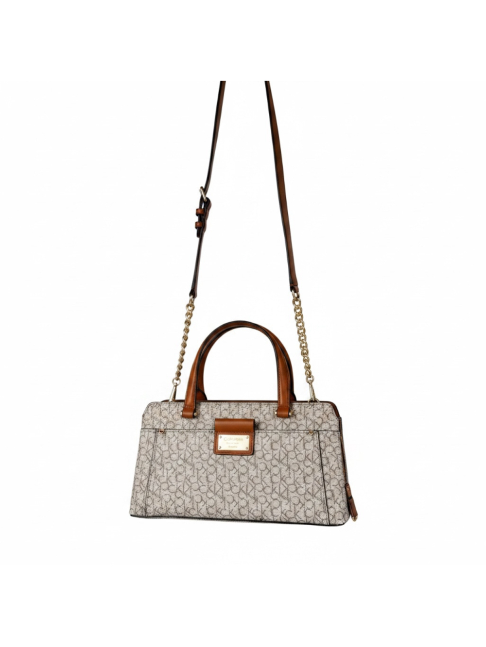 Calvin Klein Womens Monogram Logo Signature Satchel Beige Handbag Old Money
